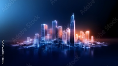 Glowing Futuristic City Skyline at Dusk with Dynamic Illumination and Architectural Reflections