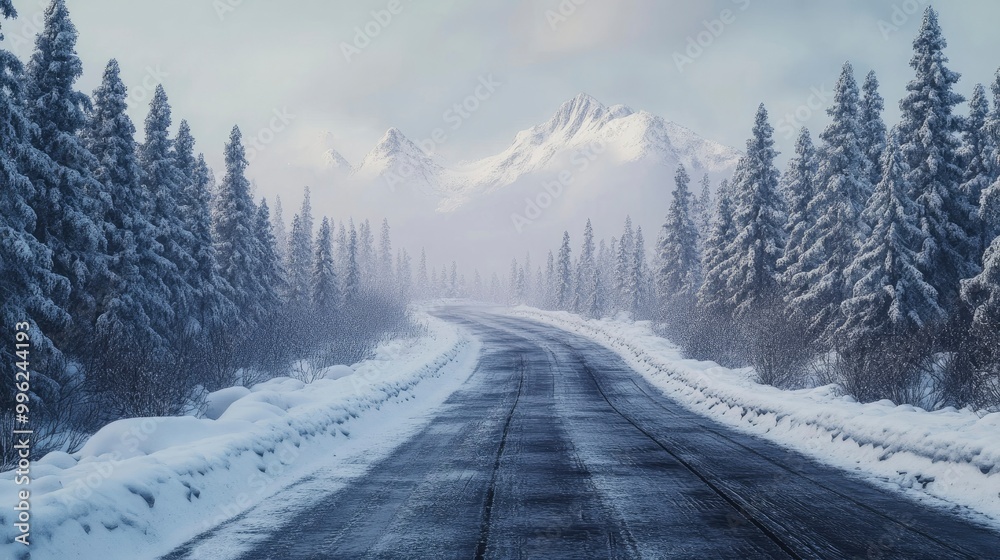 Icy roads winding through a peaceful winter forest, flanked by snow-laden trees and distant mountain peaks. Icy roads winding through a peaceful winter forest, flanked by snow-laden trees and distant mountain peaks.