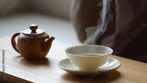 Serene Tea Ritual: Steam Rises from a Cup of Green Tea