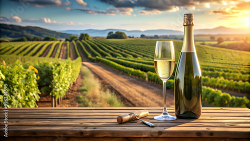 Bottle of champagne and flute on table with vineyard background in Empord?, Catalunya, Spain photo