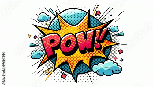 Comic book style POW with colorful explosion and dynamic effects, isolated on white background. Pop art illustration for poster, banner, or graphic design