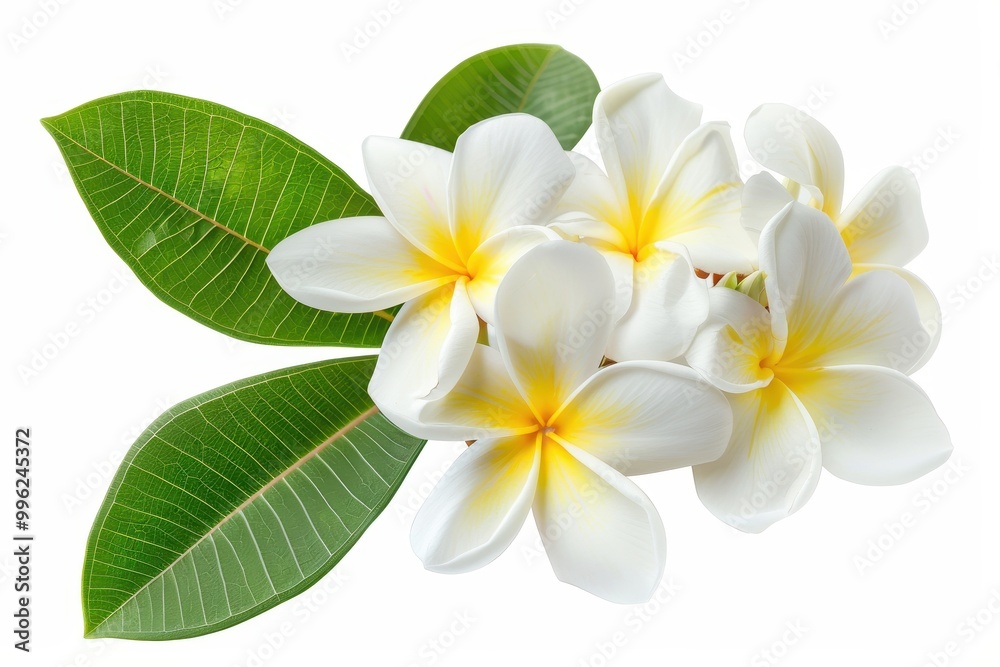 Top view of a single white yellow frangipani flower bouquet isolated on a white background Close up of tropical flower