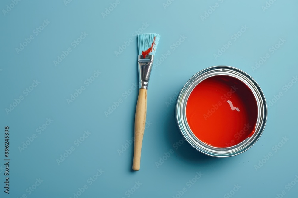 Top view of blue background with painting supplies