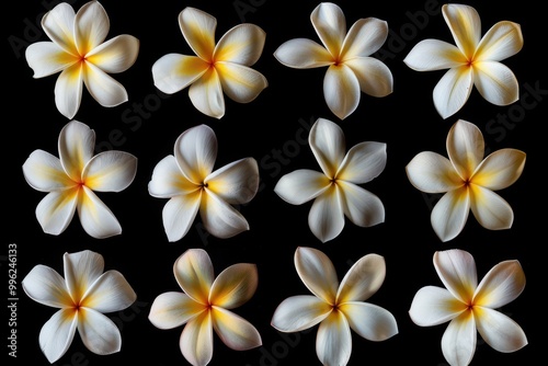 White and yellow plumeria flowers isolated on black background