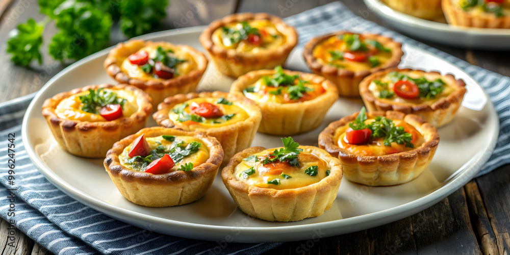 Savory mini quiches arranged on a platter for a delicious meal or appetizer , appetizer, finger food, baked, savory, egg Savory mini quiches arranged on a platter for a delicious meal or appetizer , appetizer, finger food, baked, savory, egg
