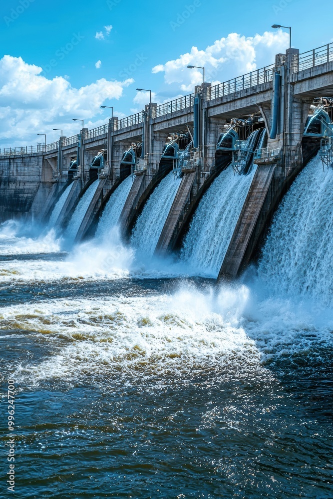 Side View of Dam with Water Flowing Gushing Through Side View of Dam with Water Flowing Gushing Through