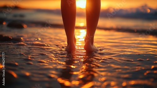 Barefoot woman standing in the shallows of the ocean at sunset. photo