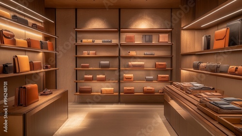 Sleek retail shop interior with a focus on high-end leather goods, including wallets, bags, and belts in an organized display.