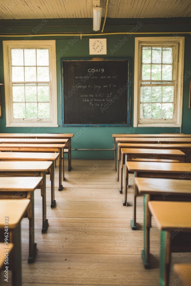 A classroom with wooden desks facing a chalkboard, suggesting a learning environment. A classroom with wooden desks facing a chalkboard, suggesting a learning environment.