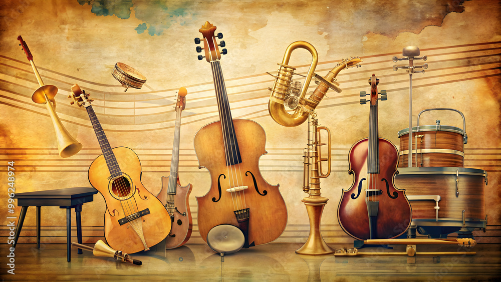 Naklejka premium Vintage music poster design with retro aesthetic featuring musical instruments and notes , vintage, music, poster