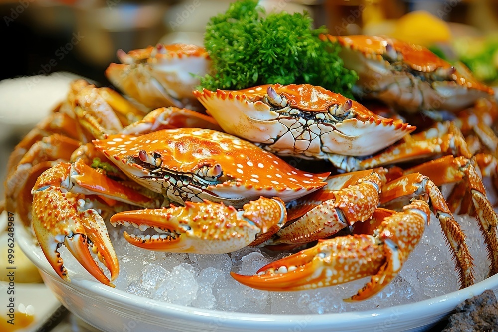 Close-up of Steamed Crabs on Ice in a White Bowl Close-up of Steamed Crabs on Ice in a White Bowl