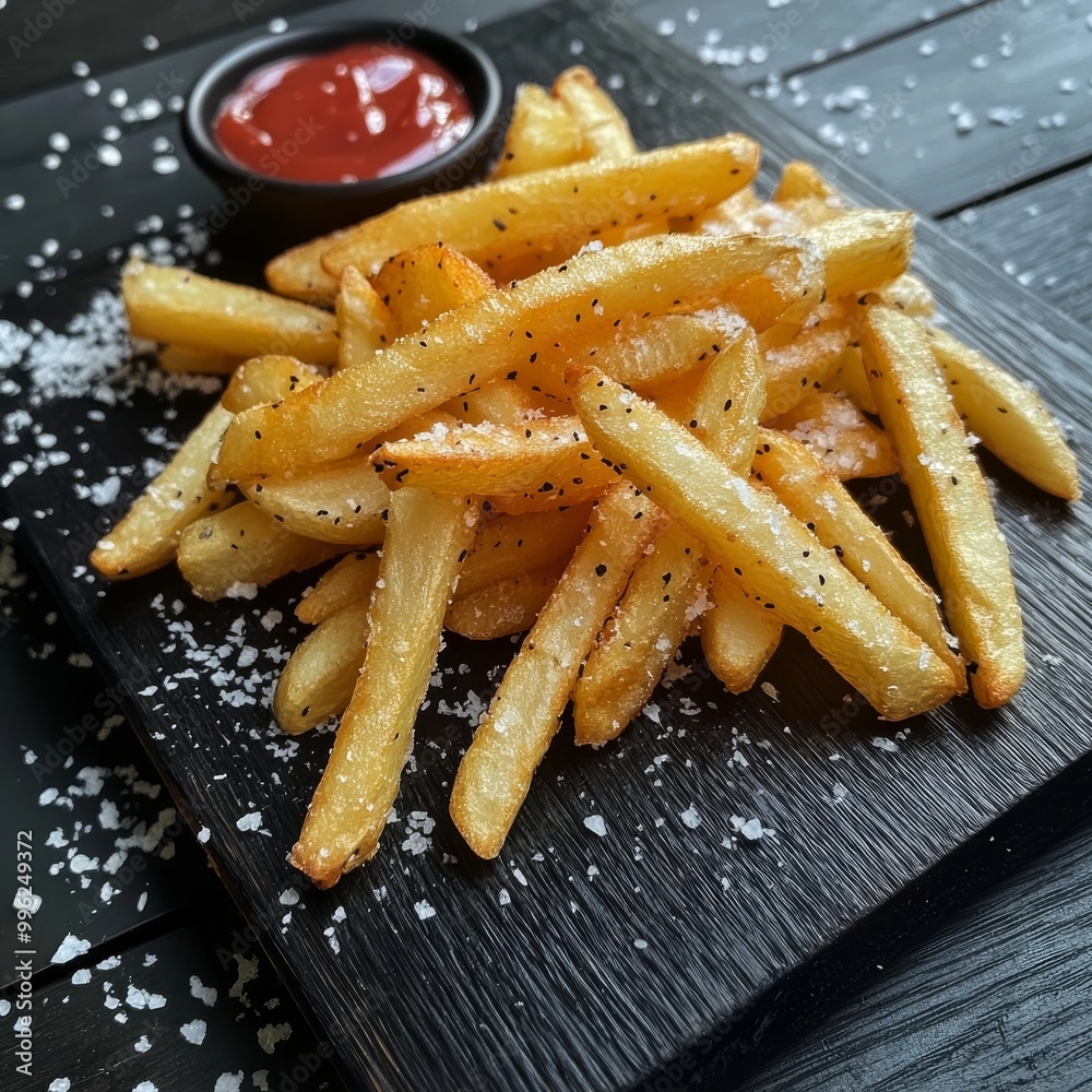 Crispy fries served with a side of ketchup. Crispy fries served with a side of ketchup.