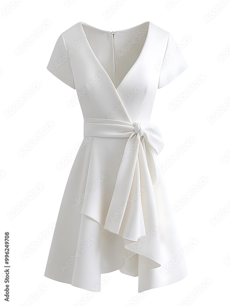 Elegant White Wrap Dress with Short Sleeves and Bow Tie. Elegant White Wrap Dress with Short Sleeves and Bow Tie.