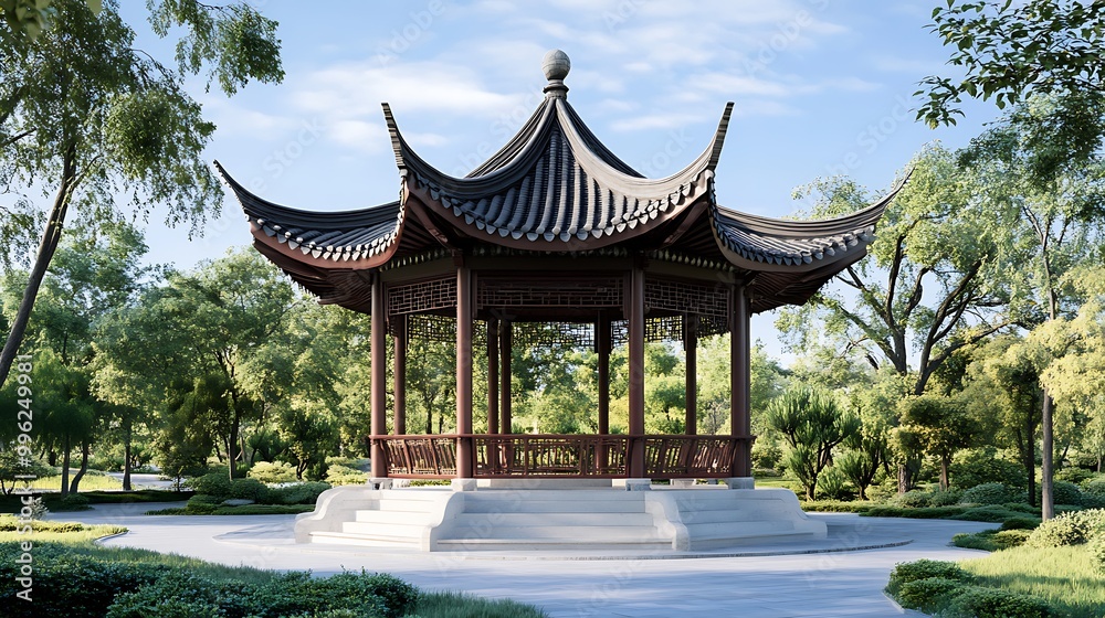Traditional Chinese Garden Pavilion with Curved Roof and White Stone Steps. Traditional Chinese Garden Pavilion with Curved Roof and White Stone Steps.