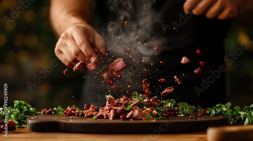 A traditional Native American pemmican being prepared with dried meat and berries photo