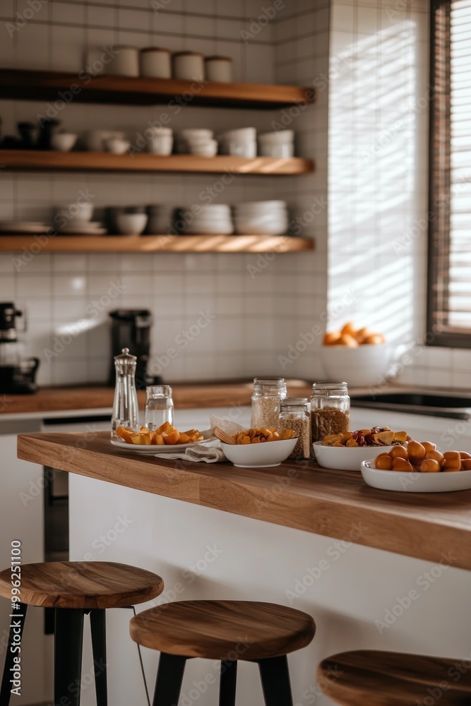A cozy kitchen scene with a wooden countertop and a variety of fruits and jars. A cozy kitchen scene with a wooden countertop and a variety of fruits and jars.