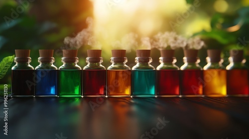 An array of tincture bottles filled with various colors of medicinal herb extracts photo