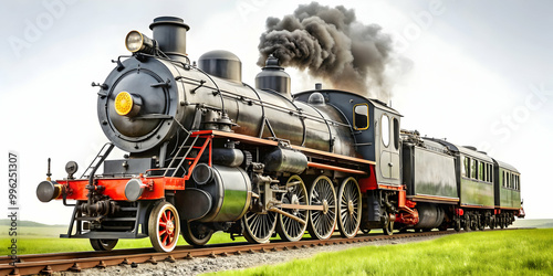 Steam locomotive in the countryside on white background, Steam locomotive, countryside, vintage