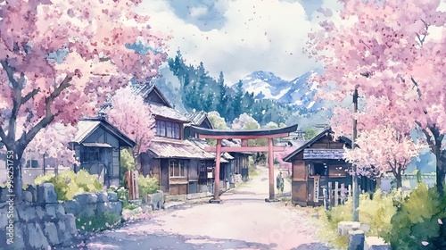 Watercolor Painting of a Japanese Village with Cherry Blossoms and Torii Gate.