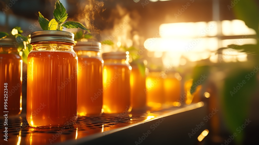Kombucha brewing in large glass jars with SCOBY visible Kombucha brewing in large glass jars with SCOBY visible