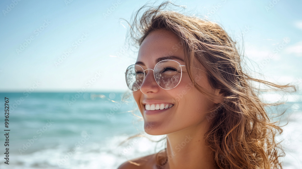 A woman with long hair and sunglasses is smiling at the camera A woman with long hair and sunglasses is smiling at the camera
