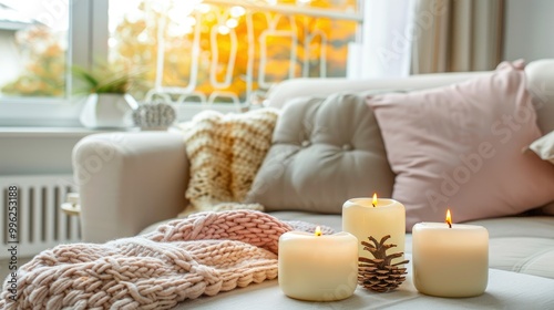 candles and pine cones in the living room with a sofa and window