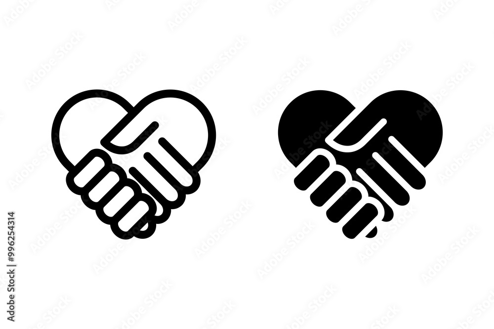 Set of with outline and black handshakes heart vector icons. Sign friendship or partnership icon. Peace and love symbol. Sign agreement. Set of with outline and black handshakes heart vector icons. Sign friendship or partnership icon. Peace and love symbol. Sign agreement.