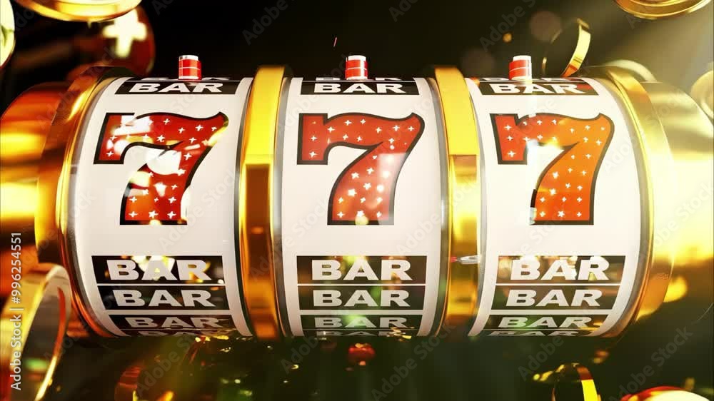 A slot machine with three reels displaying the number seven and BAR symbols, surrounded by golden coins.