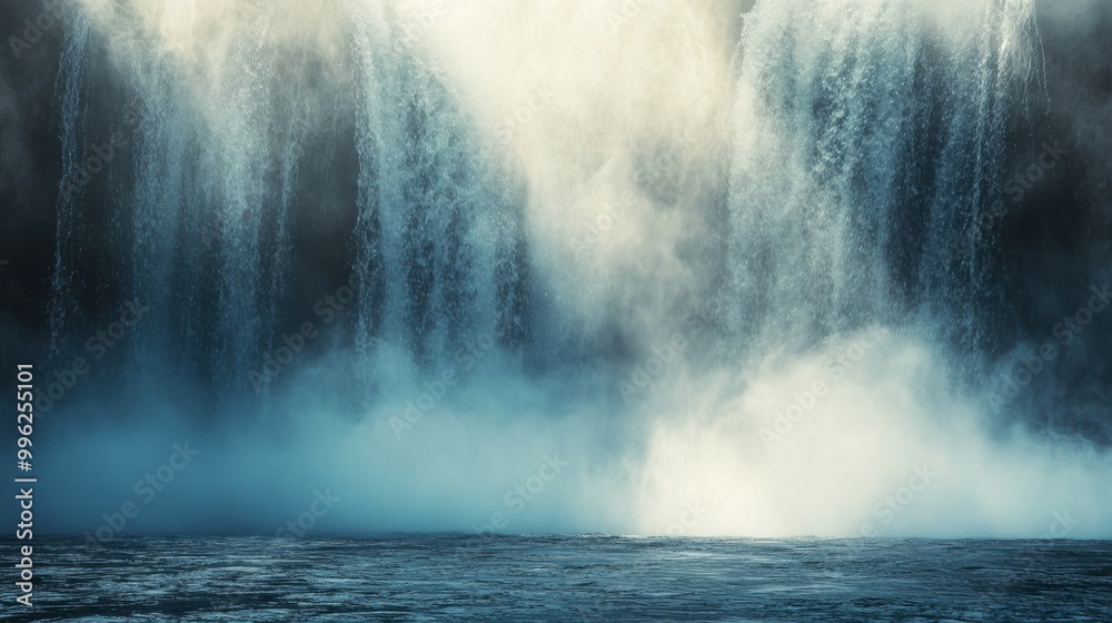 A waterfall viewed from behind, showing the water flowing over the edge with light streaming through the mist. A waterfall viewed from behind, showing the water flowing over the edge with light streaming through the mist.