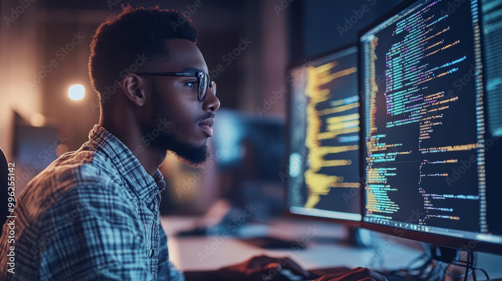 A young professional learning coding skills through an interactive online platform A young professional learning coding skills through an interactive online platform