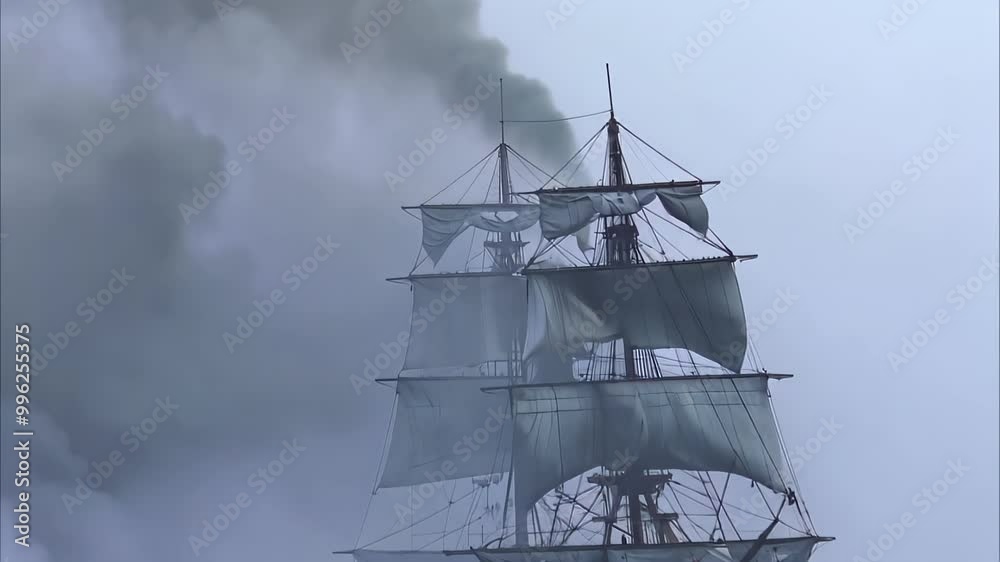 A tall sailing ship with billowing sails is partially obscured by smoke and fog, creating a dramatic, mysterious atmosphere. A tall sailing ship with billowing sails is partially obscured by smoke and fog, creating a dramatic, mysterious atmosphere.
