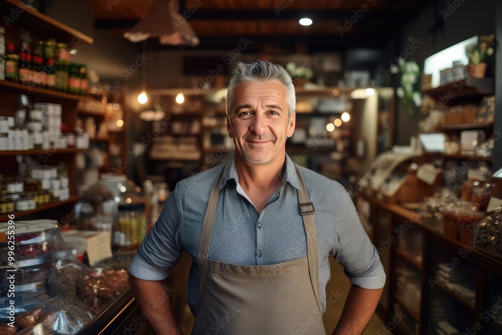 Friendly shopkeeper stands proudly in a quaint local grocery store with shelves filled with assorted goods during daylight hours. Generative AI Friendly shopkeeper stands proudly in a quaint local grocery store with shelves filled with assorted goods during daylight hours. Generative AI