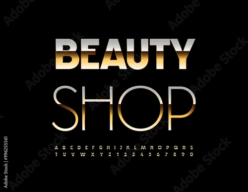 Vector stylish advertisement Beauty Shop. Modern Gold Font. Chic Alphabet Letters and Numbers set.
