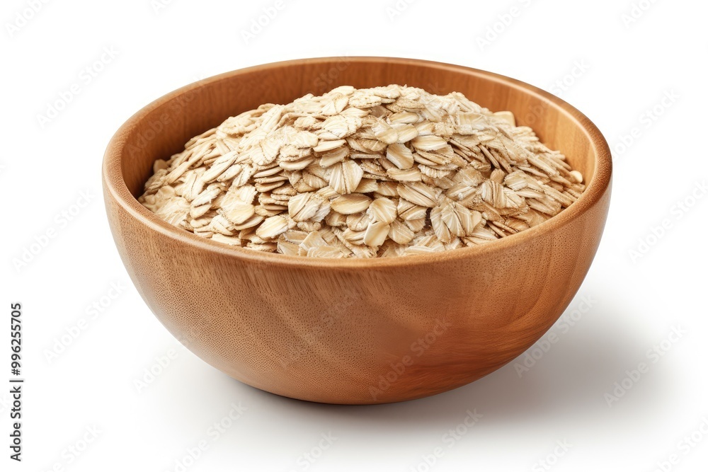 A wooden bowl filled with rolled oats on a bright surface during a sunny morning, perfect for healthy breakfast ideas. Generative AI A wooden bowl filled with rolled oats on a bright surface during a sunny morning, perfect for healthy breakfast ideas. Generative AI