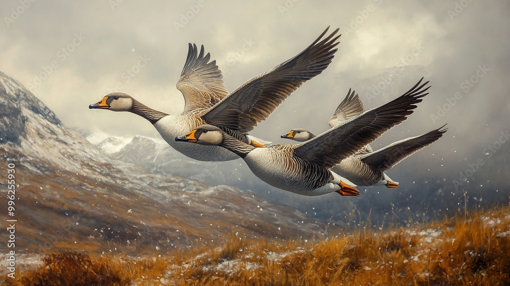 Three Geese Flying Over Snowy Mountains Three Geese Flying Over Snowy Mountains