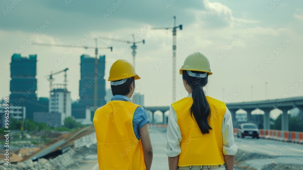 Two construction workers in yellow vests and helmets overlook an urban development site with cranes and buildings in the background, symbolizing progress and teamwork.