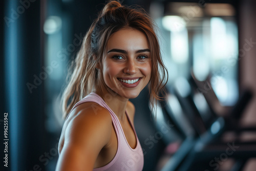 A woman with long hair and a pink tank top is smiling at the camera