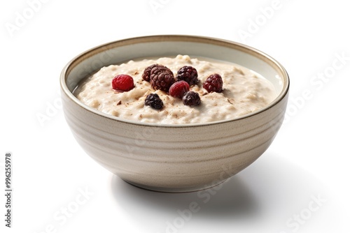 Delicious bowl of creamy oatmeal topped with fresh berries on a white background for a healthy breakfast option. Generative AI