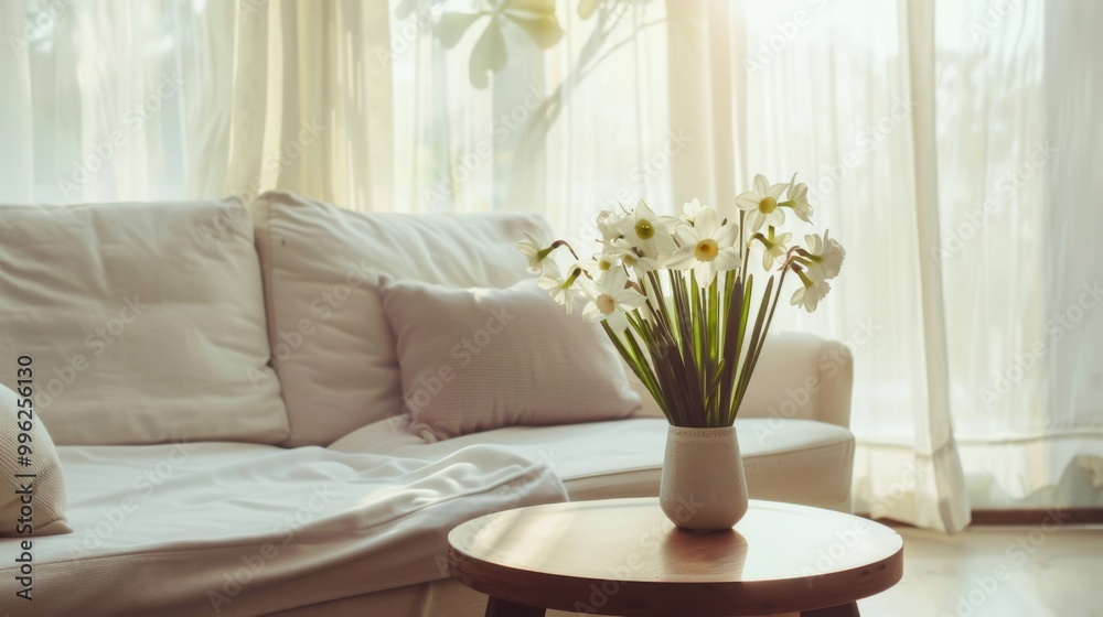 A bright, inviting living room with a cozy sofa and a small table adorned with a vase of daisies, bathed in gentle sunlight. A bright, inviting living room with a cozy sofa and a small table adorned with a vase of daisies, bathed in gentle sunlight.