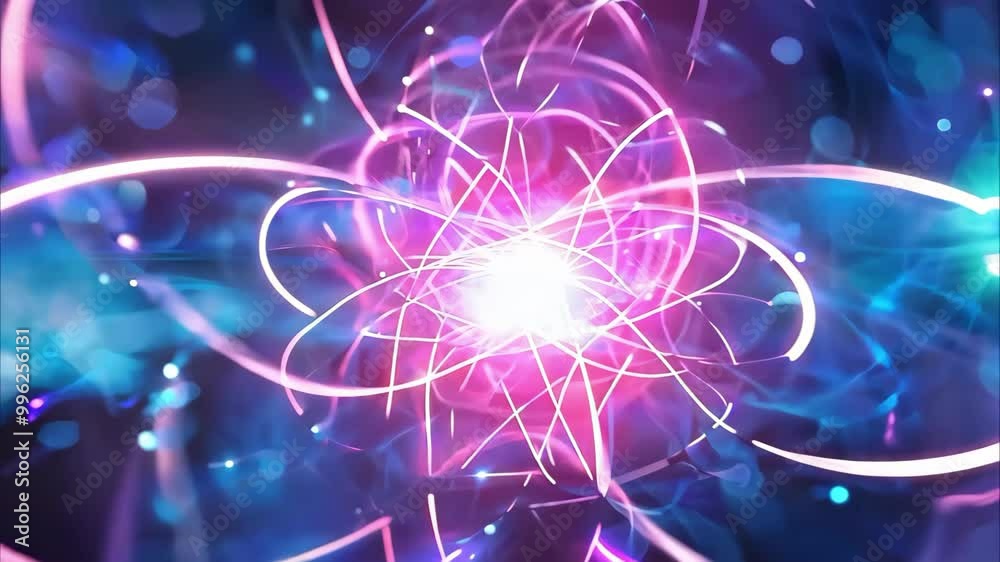 A vibrant depiction of an atom or atomic structure with swirling energy and light effects.