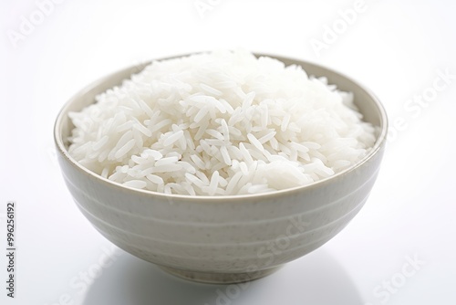 Freshly cooked white rice in a simple bowl on a clean surface showcasing its fluffy texture and appealing appearance. Generative AI