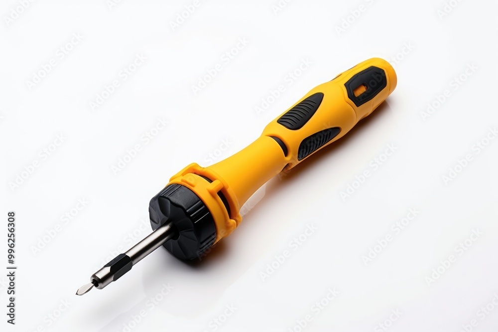 A close-up view of a yellow-handled screwdriver resting on a plain white surface, showcasing its design and functionality. Generative AI A close-up view of a yellow-handled screwdriver resting on a plain white surface, showcasing its design and functionality. Generative AI