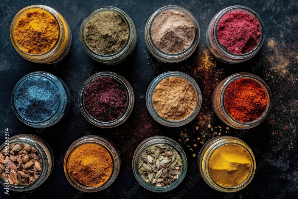 A vibrant collection of spices in jars, showcasing a variety of colors and textures arranged on a dark countertop. Generative AI A vibrant collection of spices in jars, showcasing a variety of colors and textures arranged on a dark countertop. Generative AI
