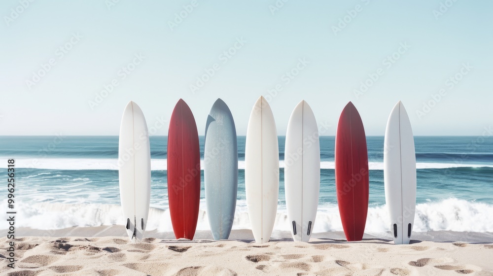 A lineup of colorful surfboards in the sand by the ocean shore, representing a carefree beach lifestyle and awaiting their next adventure. A lineup of colorful surfboards in the sand by the ocean shore, representing a carefree beach lifestyle and awaiting their next adventure.