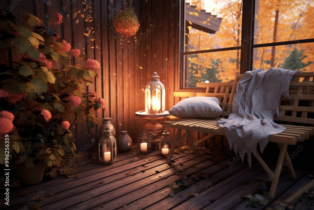 Cozy autumn corner with warm lanterns and soft blankets in a rustic setting surrounded by colorful leaves. Generative AI