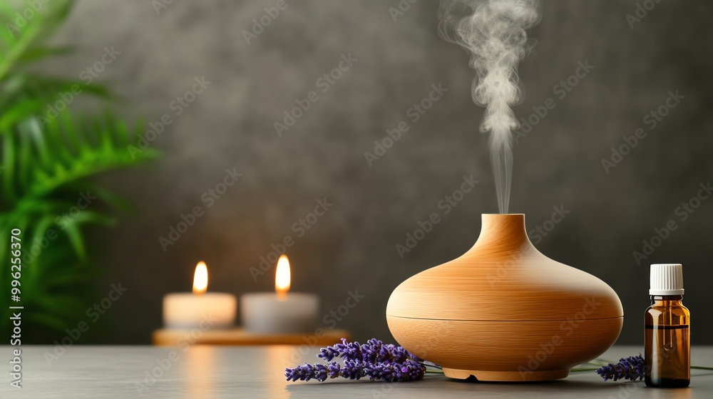 A soothing aroma diffuser releasing steam, surrounded by lavender and candles for a calming atmosphere. A soothing aroma diffuser releasing steam, surrounded by lavender and candles for a calming atmosphere.