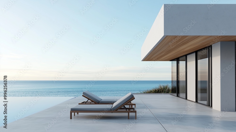 Fototapeta premium Stylish lounge chairs by the sea, offering a perfect blend of comfort and modern design for relaxation and tranquility.