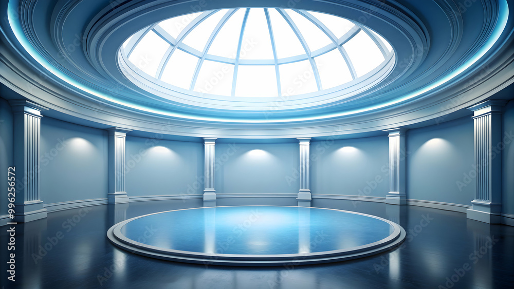 Circular room with a blue dome in the center, round, architectural, architecture, symmetry, design, interior, circular, dome