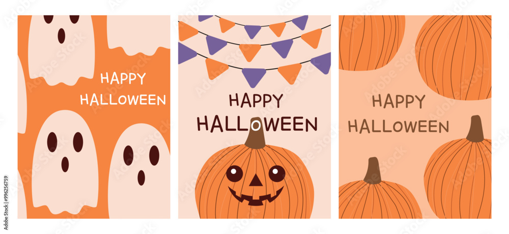 Fototapeta premium Halloween festive concept, card set. Pumpkin, ghost and holiday flags. Funny vector illustration.