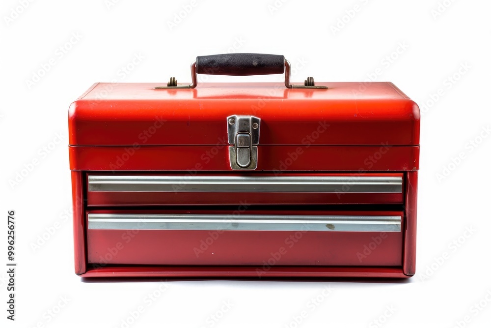 A red metal toolbox with two sliding drawers showcased against a plain white background for storage enthusiasts and DIY projects. Generative AI